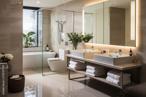 Modern bathroom interior with his and hers vanity  bathtub  and toilet