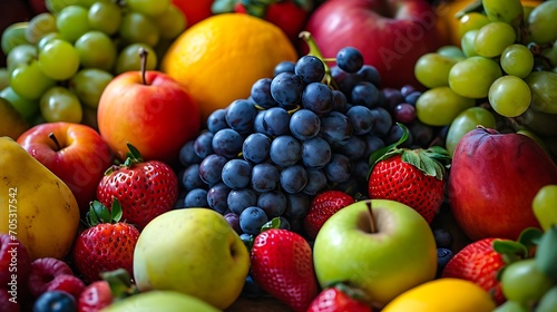 Various kinds of brightly colored fruits are piled up everywhere. © Piyada