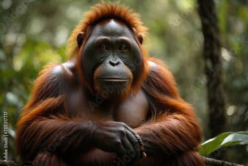 Orangutan mirando fijamente a la cámara en medio de la selva 