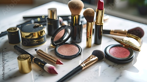 High-end makeup tools and products, elegantly displayed on tabletop, highlighting luxurious brushes, photo