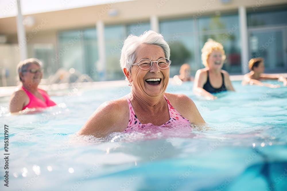 Happy senior women exercising in pool Happy senior women exercising in pool