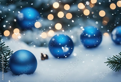 Abstract Christmas Card Blue Balls On Snow With Fir Branches And Defocused Snowfall In Background stock photoChristmas Backgrounds Snow Christmas Card Christmas