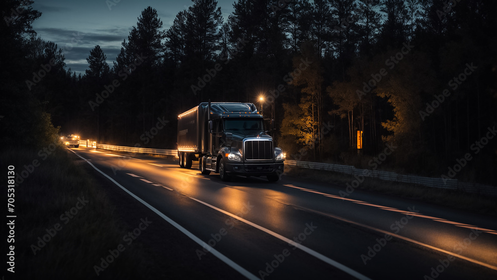 modern truck driving on the road at night in summer