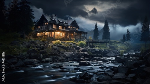 A wooden house near a river in the mountains at night