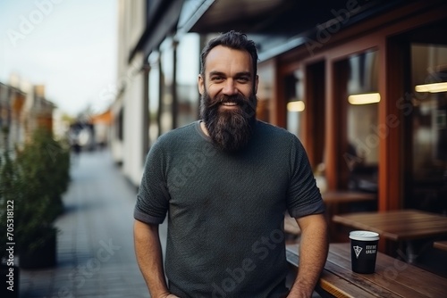 Portrait of a handsome bearded man with a cup of coffee in a cafe