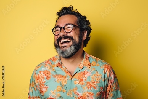 Portrait of a funny hipster man in glasses laughing over yellow background
