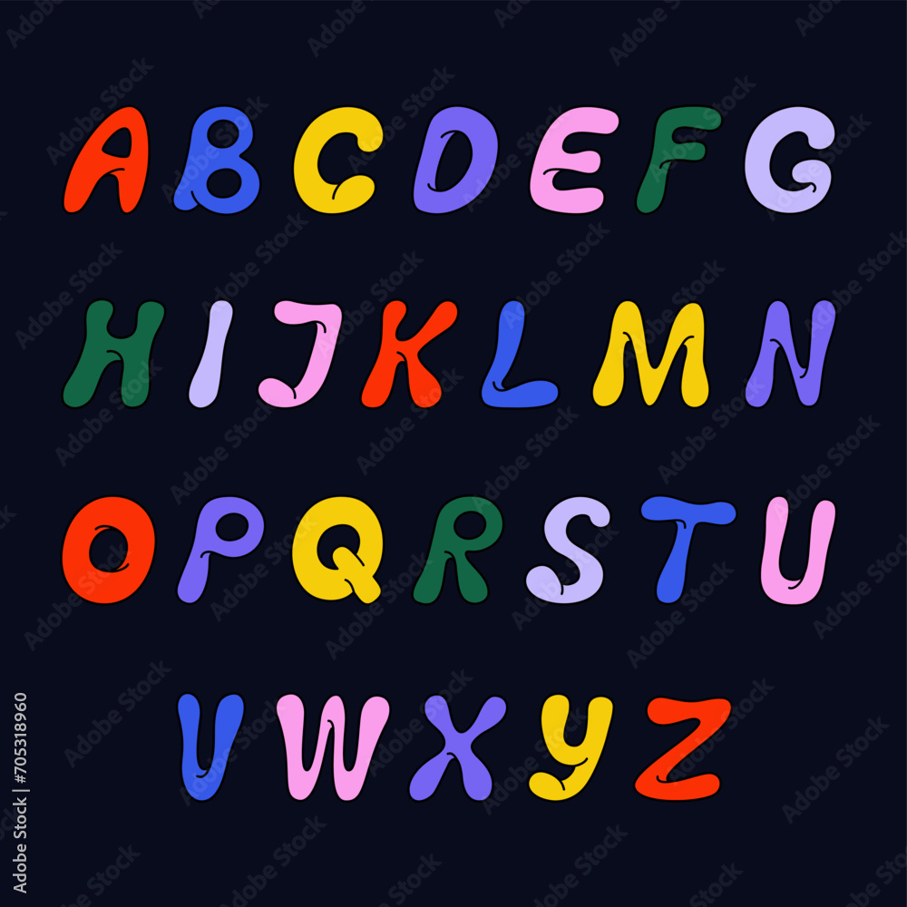 Cute colorful English alphabet, vintage font. Funny letters, creative typeface. Hand drawn vector illustration isolated on black background. Modern flat cartoon style.