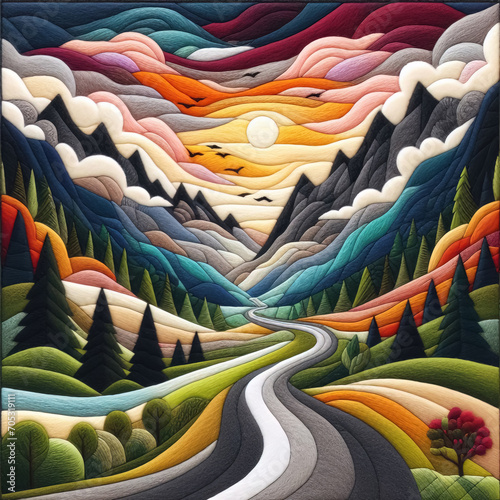 Felt art patchwork, landscape of beautiful road in mountains