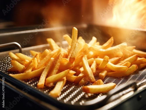 French fries is cooking into deep fryer at kitchen. Generative AI