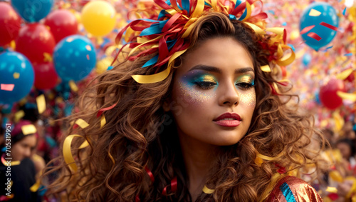 A festa do carnaval com foliões e confete, serpentina, máscaras de uma festa folclórica e popular 