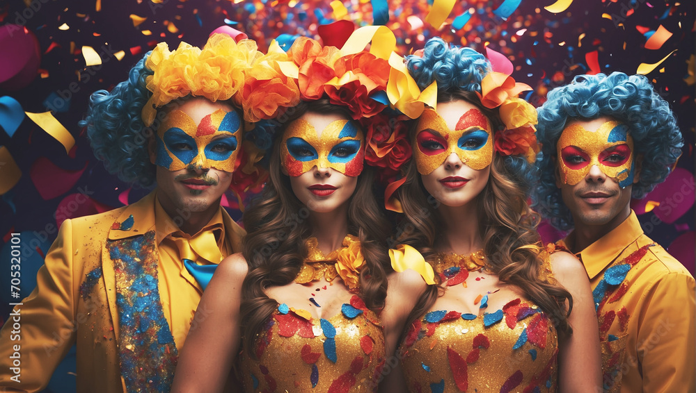 Obraz premium A festa do carnaval com foliões e confete, serpentina, máscaras de uma festa folclórica e popular 
