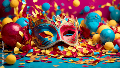 A festa do carnaval com foliões e confete, serpentina, máscaras de uma festa folclórica e popular  © Ronaldo TRS