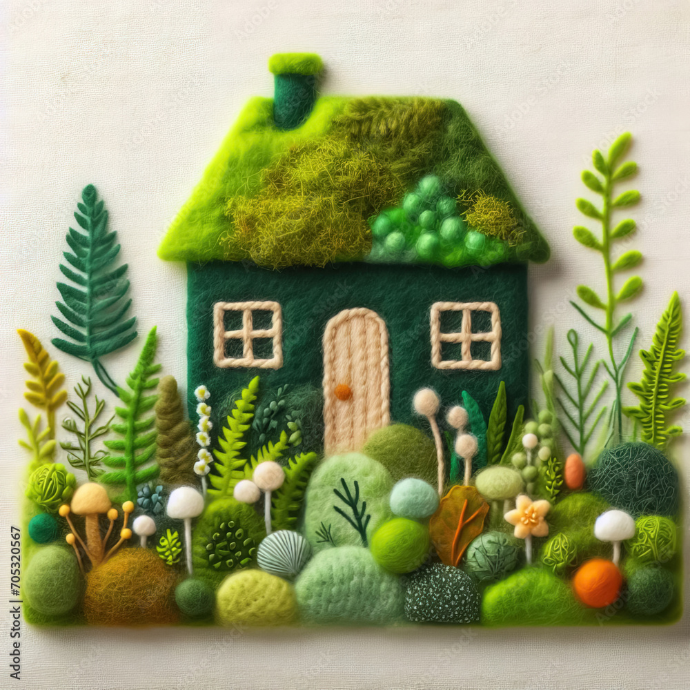 Felt art patchwork, Eco house. Green and environmentally friendly housing concept. Miniature wooden house in spring grass, moss and ferns, Generative AI