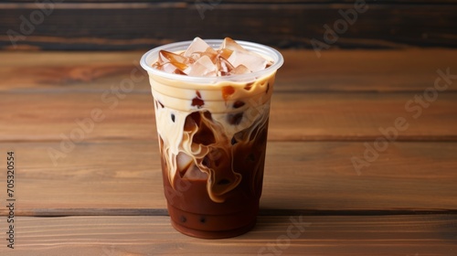 Iced coffee in plastic cup on wooden background.  copy space photo
