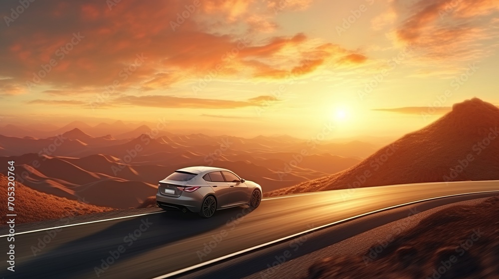 Car driving through a mountain pass at sunset