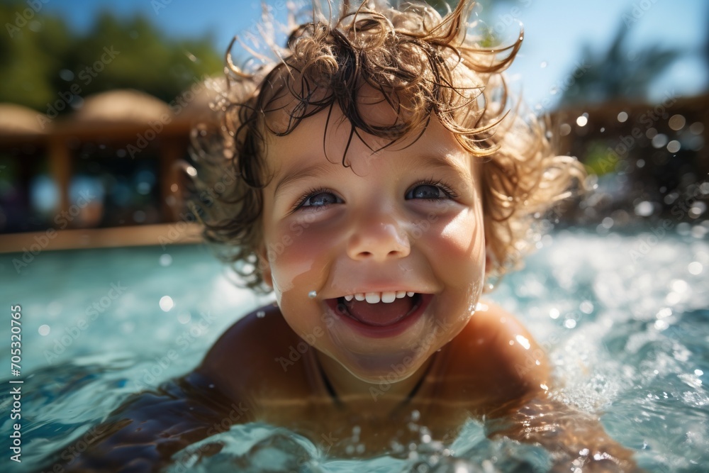 Ecstatic curly-haired toddler boy swimming in the pool