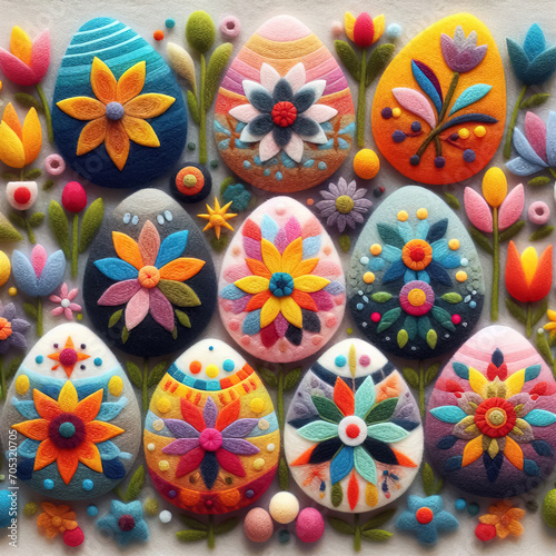 Felt art patchwork, Easter eggs with spring flowers, colorful holiday
