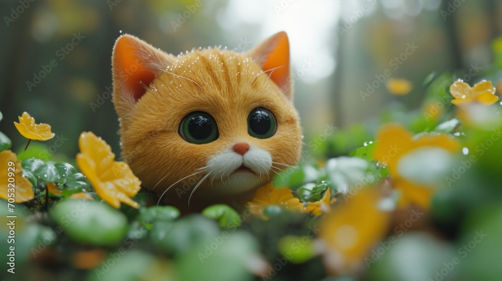 little cute kitten is playing in the garden. Concept of joy and wonder