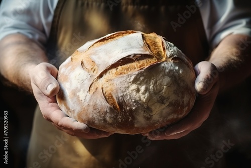 Baker holding a freshly baked loaf of bread in his hands
