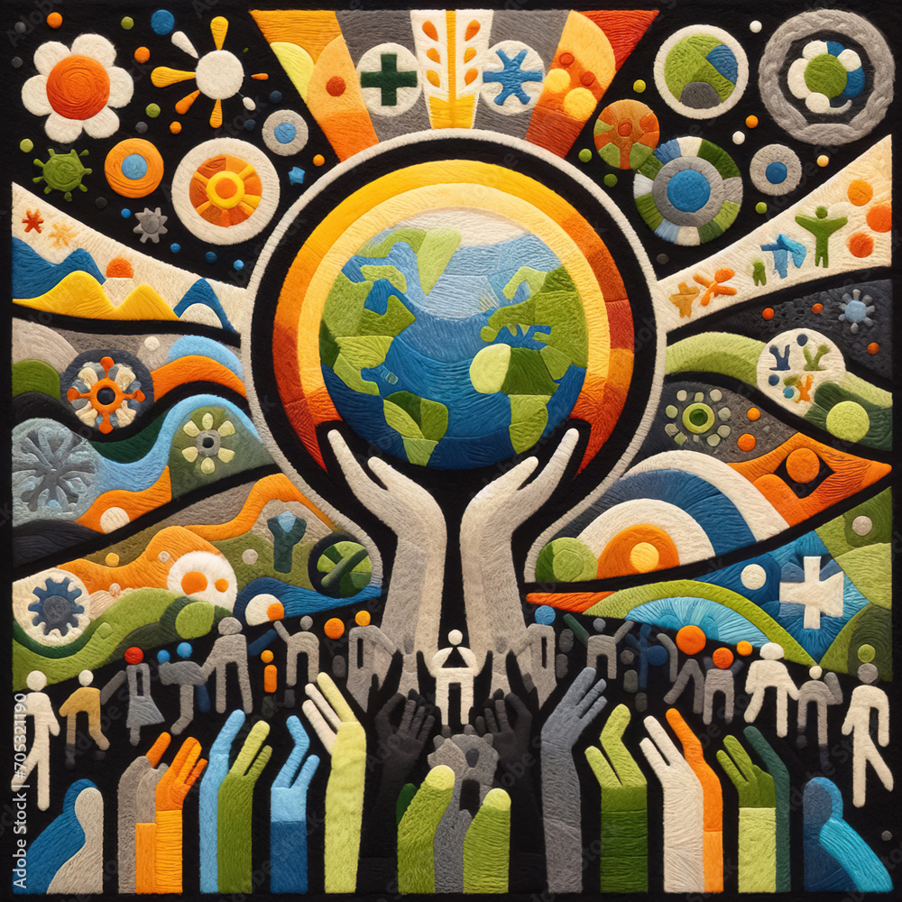 Felt art patchwork, World health day concept, Our planet, our health Felt art patchwork, World health day concept, Our planet, our health