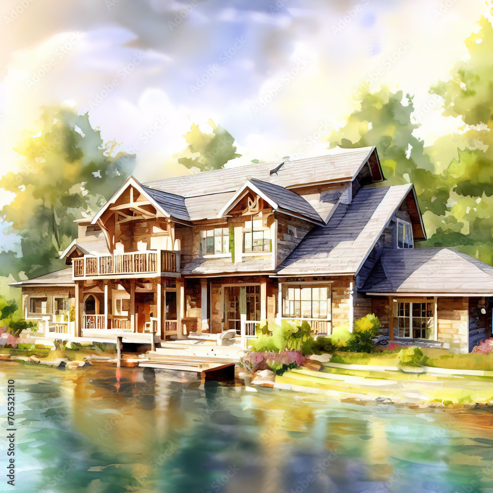 serene vacation lake house, watercolor painting serene vacation lake house, watercolor painting