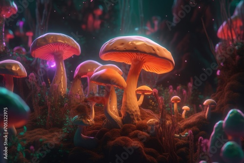 Imaginary mushroom world. Generative AI