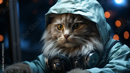 A hacker cat wearing a blue raincoat and headphones © duyina1990
