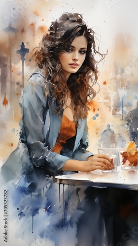 An artistic rendering of a young woman sitting at a cafe table