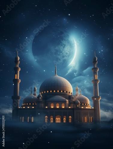 a mystical mosque emits light towards the sky against the background of the night sky, copy space - generative ai