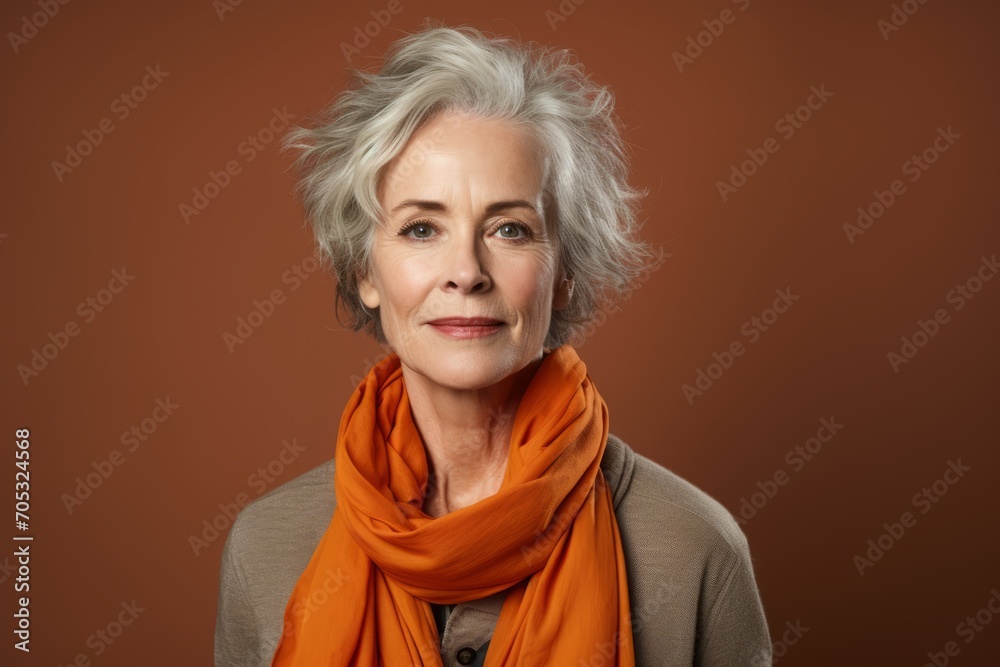 Portrait of a beautiful senior woman with orange scarf on brown background Portrait of a beautiful senior woman with orange scarf on brown background