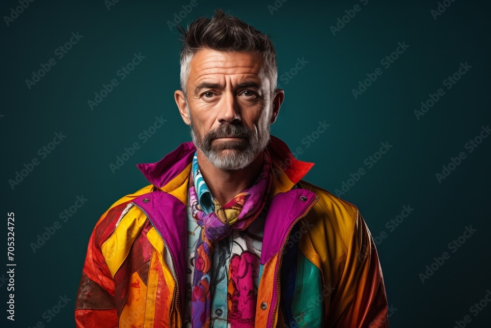 Handsome middle age man with colorful jacket over dark blue background