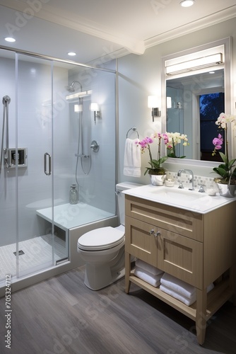 Modern bathroom interior with glass shower enclosure and freestanding bathtub