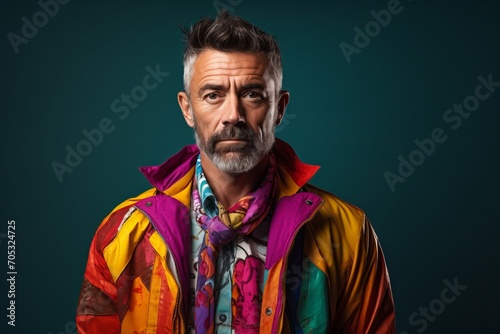 Handsome middle age man with colorful jacket over dark blue background