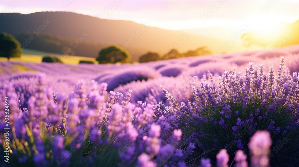 Fototapeta premium The warm dusk light embraces the rolling lavender fields, creating a picture-perfect pastoral landscape.