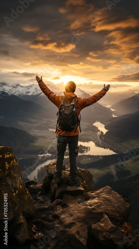 man standing on a mountaintop with his arms raised in the air
