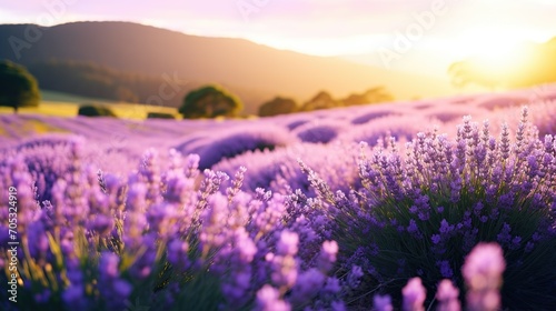 The warm dusk light embraces the rolling lavender fields, creating a picture-perfect pastoral landscape. 