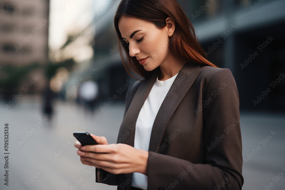 Businesswoman in suit jacket using smartphone in urban city street Businesswoman in suit jacket using smartphone in urban city street