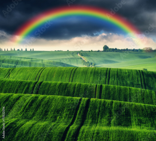 Beautiful rainbow over the field. Agricultural landscape. Nature of Ukraine © sergnester