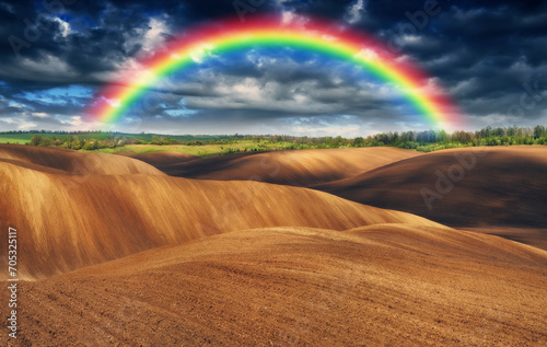 Beautiful rainbow over the field. Agricultural landscape. Nature of Ukraine