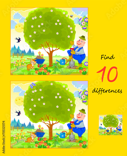 Find 10 differences. Illustration of happy gardener i spring garden. Logic puzzle game for children and adults. Page for kids brain teaser book. Developing to counting skills. Vector cartoon drawing