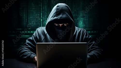 A masked person wearing a black hoodie is using a laptop in a dark room with a green background.