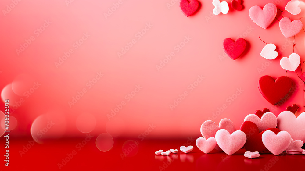Valentine's Day backdrop: red hearts, copy space.