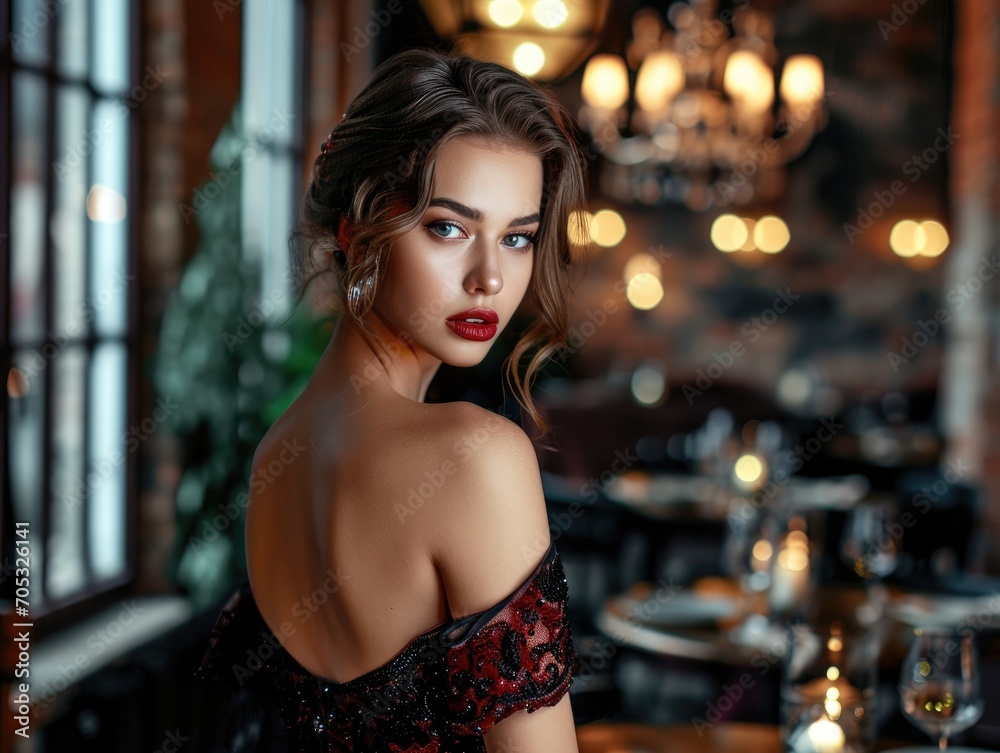 Beautiful satisfied woman of model appearance in an evening dress in a restaurant