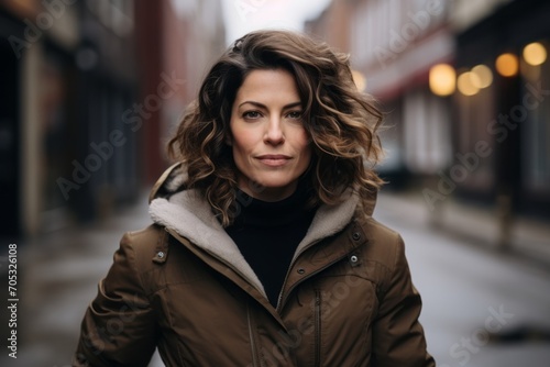 Portrait of a beautiful young woman in a winter coat on the street