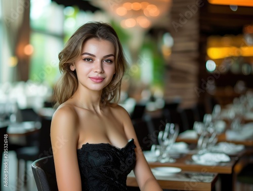 Beautiful satisfied woman of model appearance in an evening dress in a restaurant