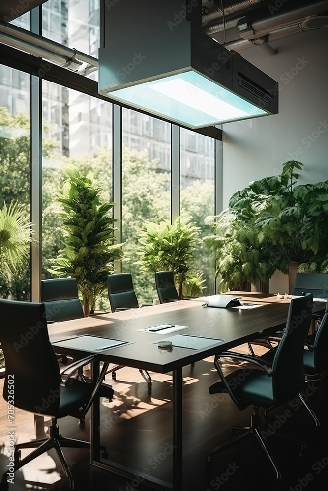 Fototapeta premium Modern office interior with large windows and plants