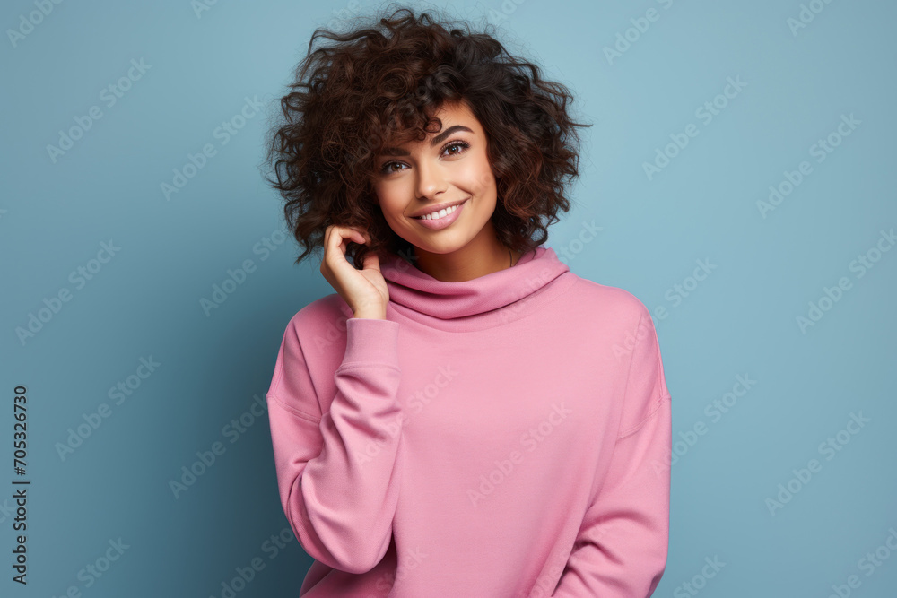 Smiling adult girl isolated on light blue background, portrait of pretty young woman in pink jumper against studio wall. Concept of beauty, fashion, shopping, hairstyle Smiling adult girl isolated on light blue background, portrait of pretty young woman in pink jumper against studio wall. Concept of beauty, fashion, shopping, hairstyle