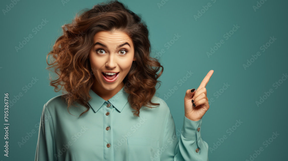 Surprised young woman pointing finger to side, face of smiling girl on studio background. Portrait of excited female person against teal wall. Concept of show, shopping, sale, Surprised young woman pointing finger to side, face of smiling girl on studio background. Portrait of excited female person against teal wall. Concept of show, shopping, sale,