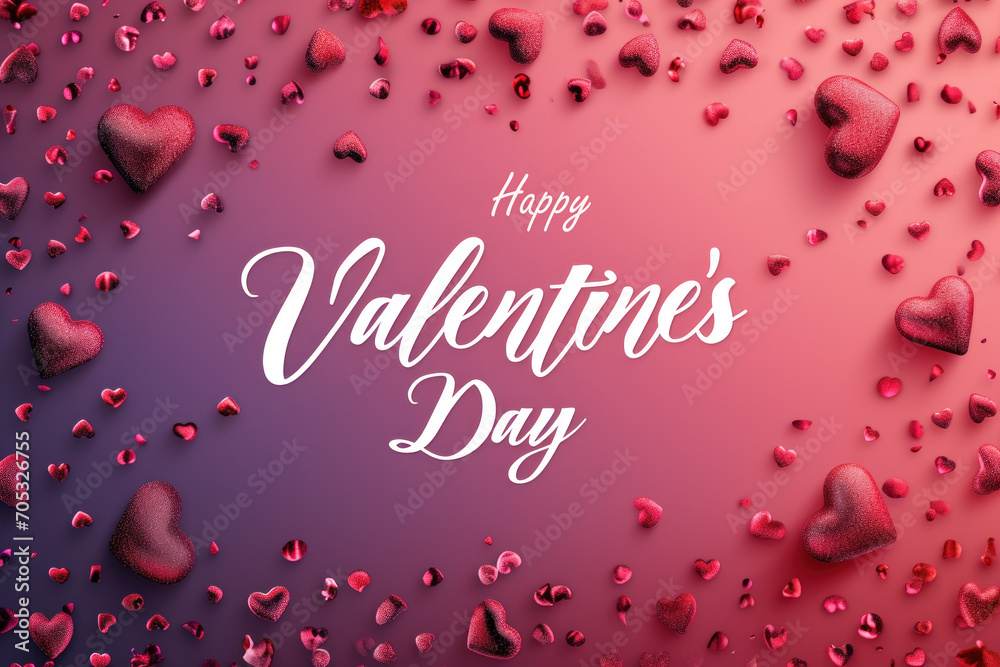 Happy Valentine’s Day card, pattern of heart shapes on red and purple background. Greeting with elegant lettering and beauty design. Concept of love, text, banner, poster