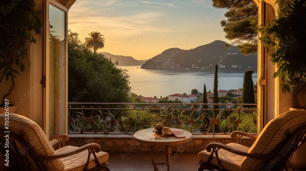 Fototapeta premium View of the bay from a beautiful and charming villa during sunrise